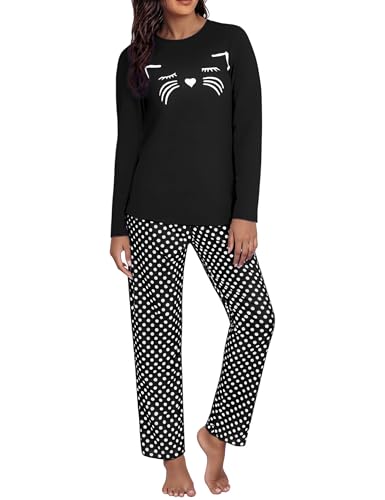 Uniexcosm Schlafanzug Damen Lang Pyjama Set Baumwolle Zweiteiliger Hausanzug Nachtwäsche mit Katzendruck und Polka Dot Schlafanzughose Loungewear Freizeitanzug Stil 1:Schwarz XXL von Uniexcosm