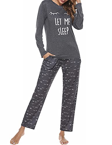 Uniexcosm Schlafanzug Damen Lang Pyjama Set Baumwolle Zweiteiliger Hausanzug Nachtwäsche mit Katzendruck und Polka Dot Schlafanzughose Loungewear Freizeitanzug Stil 2:Dunkelgrau XL von Uniexcosm