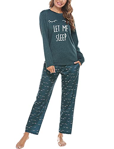 Uniexcosm Schlafanzug Damen Lang Pyjama Set Baumwolle Zweiteiliger Hausanzug Nachtwäsche mit Katzendruck und Polka Dot Schlafanzughose Loungewear Freizeitanzug Stil 2:Dunkelgrün L von Uniexcosm