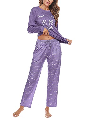 Uniexcosm Schlafanzug Damen Lang Pyjama Set Baumwolle Zweiteiliger Hausanzug Nachtwäsche mit Katzendruck und Polka Dot Schlafanzughose Loungewear Freizeitanzug Stil 2:Lila L von Uniexcosm