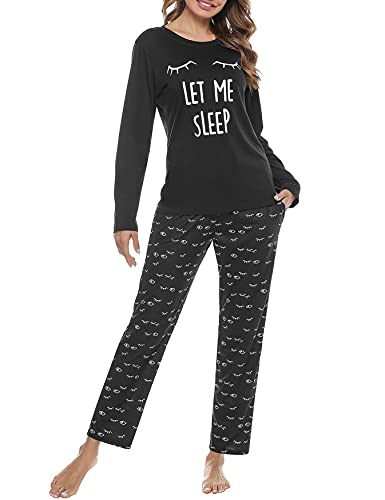 Uniexcosm Schlafanzug Damen Lang Pyjama Set Baumwolle Zweiteiliger Hausanzug Nachtwäsche mit Katzendruck und Polka Dot Schlafanzughose Loungewear Freizeitanzug Stil 2:Pechschwarz M von Uniexcosm