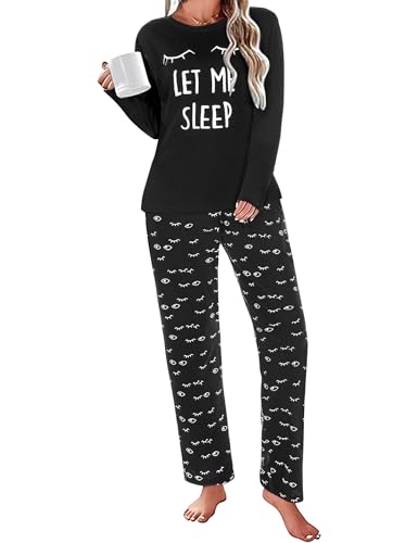 Uniexcosm Schlafanzug Damen Lang Pyjama Set Baumwolle Zweiteiliger Hausanzug Nachtwäsche mit Katzendruck und Polka Dot Schlafanzughose Loungewear Freizeitanzug Stil 2:Pechschwarz XXL von Uniexcosm