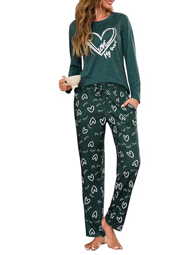 Uniexcosm Schlafanzug Damen Lang Pyjama Set Baumwolle Zweiteiliger Hausanzug Nachtwäsche mit Katzendruck und Polka Dot Schlafanzughose Loungewear Freizeitanzug Stil 4:Dunkelgrün XL von Uniexcosm