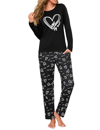 Uniexcosm Schlafanzug Damen Lang Pyjama Set Baumwolle Zweiteiliger Hausanzug Nachtwäsche mit Katzendruck und Polka Dot Schlafanzughose Loungewear Freizeitanzug Stil 4:Schwarz XXL von Uniexcosm