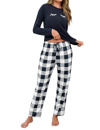 Uniexcosm Schlafanzug Damen Lang Pyjama Set Zweiteiler Baumwolle Winter Nachtwäsche Oberteile & Pyjamahosen Loungewear Stil 5:Marineblau XL von Uniexcosm