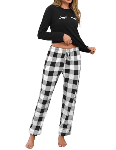 Uniexcosm Schlafanzug Damen Lang Pyjama Set Zweiteiler Baumwolle Winter Nachtwäsche Oberteile & Pyjamahosen Loungewear Stil 5:Schwarz S von Uniexcosm