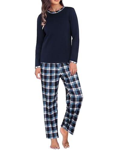 Uniexcosm Schlafanzug Damen Lang Zweiteiler Baumwolle Pyjama Set Nachtwäsche Herbst Winter Sleepwear Rundhals Langarm Oberteil und Pyjamahose Loungewear PAT5 XL von Uniexcosm