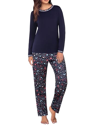 Uniexcosm Schlafanzug Damen Lang Zweiteiler Baumwolle Pyjama Set Nachtwäsche Herbst Winter Sleepwear Rundhals Langarm Oberteil und Pyjamahose Loungewear PAT6 XXL von Uniexcosm