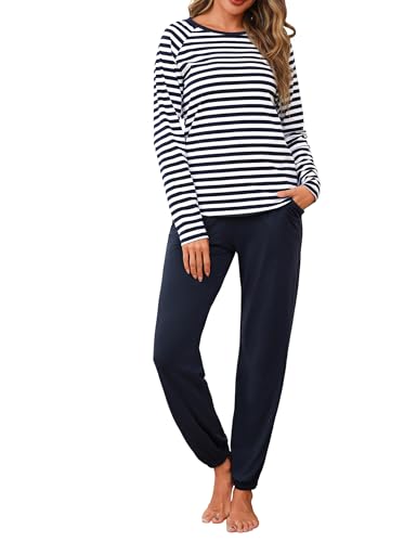 Uniexcosm Schlafanzug Damen Lang Zweiteiler Baumwolle Pyjama Set Rundhals Streifen Oberteil und Pyjamahose Winter Loungewear Dunkelblau 3XL von Uniexcosm