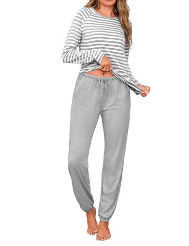 Uniexcosm Schlafanzug Damen Lang Zweiteiler Baumwolle Pyjama Set Rundhals Streifen Oberteil und Pyjamahose Winter Loungewear Hellgrau 3XL von Uniexcosm