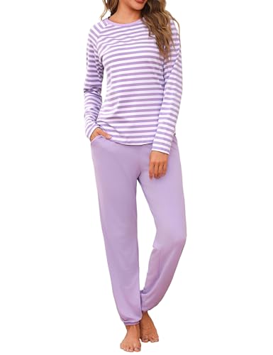 Uniexcosm Schlafanzug Damen Lang Zweiteiler Baumwolle Pyjama Set Rundhals Streifen Oberteil und Pyjamahose Winter Loungewear Lila XL von Uniexcosm