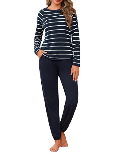 Uniexcosm Schlafanzug Damen Lang Zweiteiler Baumwolle Pyjama Set Rundhals Streifen Oberteil und Pyjamahose Winter Loungewear Marineblau 3XL von Uniexcosm