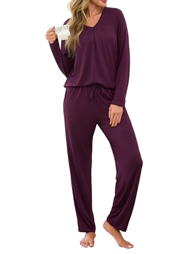 Uniexcosm Schlafanzug Damen Lang Zweiteiler Herbst Winter Pyjama Set Baumwolle V-Ausschnitt Nachtwäsche und Pyjamahose Loungewear Dunkelfuchsia S von Uniexcosm