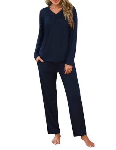 Uniexcosm Schlafanzug Damen Lang Zweiteiler Herbst Winter Pyjama Set Baumwolle V-Ausschnitt Nachtwäsche und Pyjamahose Loungewear Marineblau M von Uniexcosm