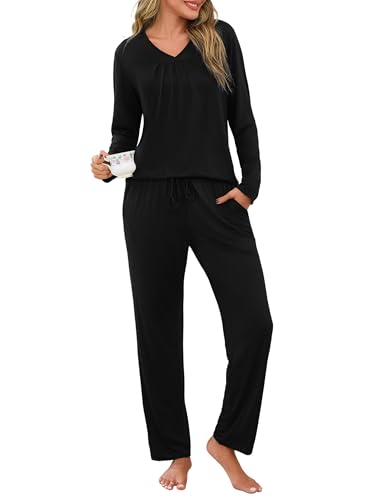 Uniexcosm Schlafanzug Damen Lang Zweiteiler Herbst Winter Pyjama Set Baumwolle V-Ausschnitt Nachtwäsche und Pyjamahose Loungewear Schwarz XL von Uniexcosm