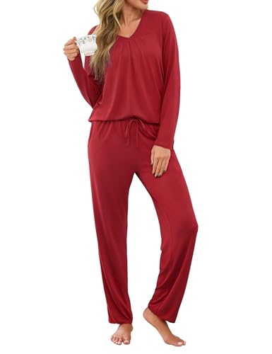 Uniexcosm Schlafanzug Damen Lang Zweiteiler Herbst Winter Pyjama Set Baumwolle V-Ausschnitt Nachtwäsche und Pyjamahose Loungewear Weinrot S von Uniexcosm