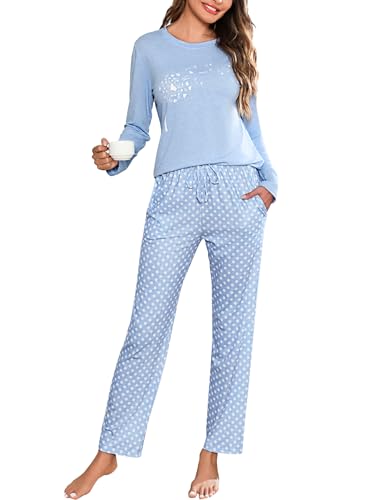 Uniexcosm Schlafanzug Damen Lang Zweiteiler Pyjama Set Baumwolle Winter Nachtwäsche Löwenzahnmuster Oberteil und Polka Dot Pyjamahose Sleepwear Loungewear Himmelblau XXL von Uniexcosm