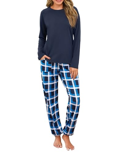 Uniexcosm Schlafanzug Damen Lang Zweiteiler Pyjama Set Rundhals Oberteil und Karierte Pyjamahose Herbst Winter Loungewear für Frauen Marineblau S von Uniexcosm