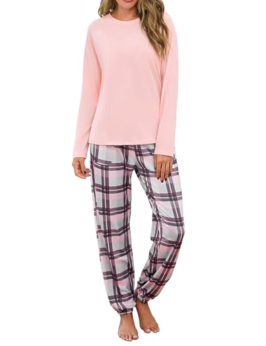 Uniexcosm Schlafanzug Damen Lang Zweiteiler Pyjama Set Rundhals Oberteil und Karierte Pyjamahose Herbst Winter Loungewear für Frauen Rosa 3XL von Uniexcosm