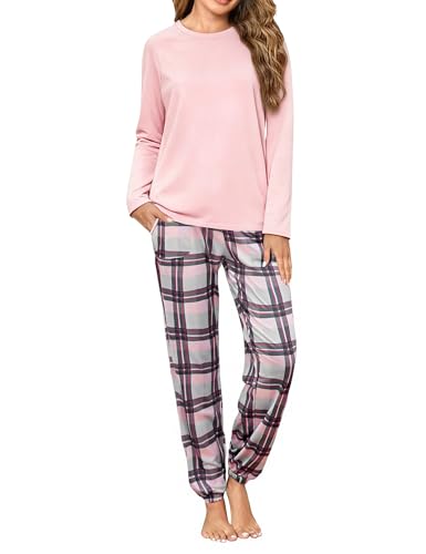 Uniexcosm Schlafanzug Damen Lang Zweiteiler Pyjama Set Rundhals Oberteil und Karierte Pyjamahose Herbst Winter Loungewear für Frauen Rosa XL von Uniexcosm