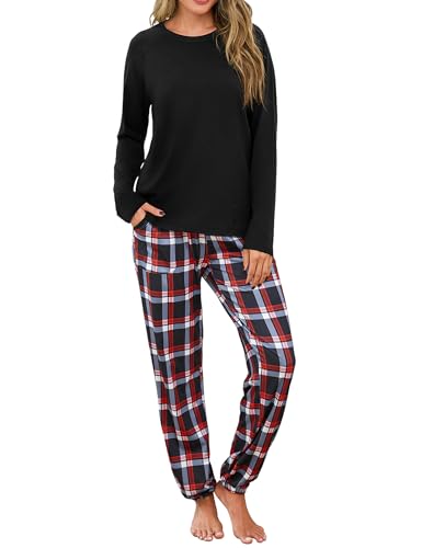 Uniexcosm Schlafanzug Damen Lang Zweiteiler Pyjama Set Rundhals Oberteil und Karierte Pyjamahose Herbst Winter Loungewear für Frauen Schwarz S von Uniexcosm