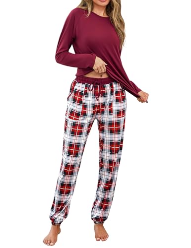 Uniexcosm Schlafanzug Damen Lang Zweiteiler Pyjama Set Rundhals Oberteil und Karierte Pyjamahose Herbst Winter Loungewear für Frauen Weinrot 3XL von Uniexcosm