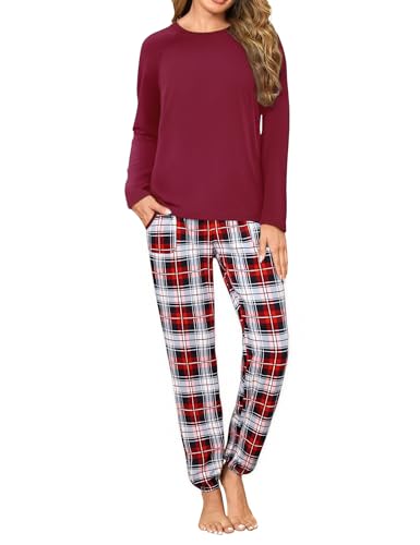 Uniexcosm Schlafanzug Damen Lang Zweiteiler Pyjama Set Rundhals Oberteil und Karierte Pyjamahose Herbst Winter Loungewear für Frauen Weinrot XL von Uniexcosm