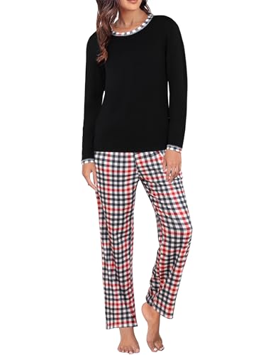 Uniexcosm Schlafanzug Damen Zweiteiliger Lang Baumwolle Nachtwäsche Winter Pyjama Set mit Rundhals Langarm Oberteil und Pyjamahose Sleepwear PAT3 L von Uniexcosm