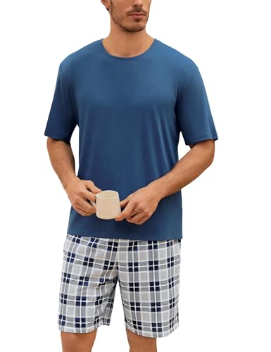 Uniexcosm Schlafanzug Herren Baumwolle Kurz Zweiteiliger Pyjama Set Nachtwäsche Kurzarm Oberteil und Karierte Schlafanzughose Hausanzug Sleepwear A:Blau L von Uniexcosm