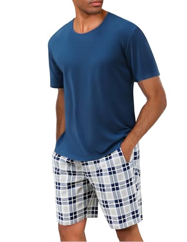 Uniexcosm Schlafanzug Herren Baumwolle Kurz Zweiteiliger Pyjama Set Nachtwäsche Kurzarm Oberteil und Karierte Schlafanzughose Hausanzug Sleepwear A:Blau M Uniexcosm Schlafanzug Herren Baumwolle Kurz Zweiteiliger Pyjama Set Nachtwäsche Kurzarm Oberteil und Karierte Schlafanzughose Hausanzug Sleepwear A:Blau M von Uniexcosm