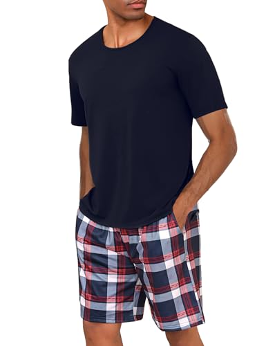 Uniexcosm Schlafanzug Herren Baumwolle Kurz Zweiteiliger Pyjama Set Nachtwäsche Kurzarm Oberteil und Karierte Schlafanzughose Hausanzug Sleepwear A:Dunkelblau 4XL von Uniexcosm