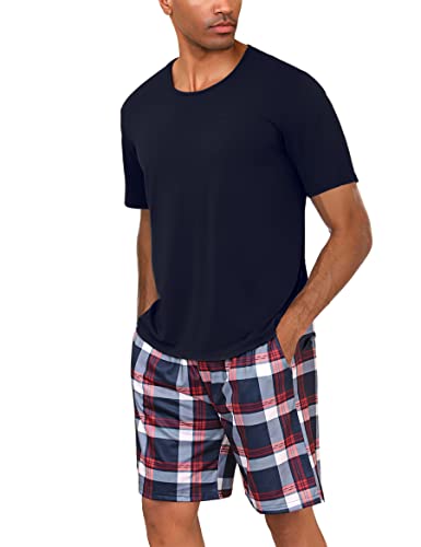 Uniexcosm Schlafanzug Herren Baumwolle Kurz Zweiteiliger Pyjama Set Nachtwäsche Kurzarm Oberteil und Karierte Schlafanzughose Hausanzug Sleepwear A:Dunkelblau M von Uniexcosm