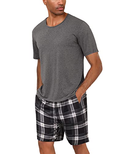 Uniexcosm Schlafanzug Herren Baumwolle Kurz Zweiteiliger Pyjama Set Nachtwäsche Kurzarm Oberteil und Karierte Schlafanzughose Hausanzug Sleepwear A:Dunkelgrau-1 L von Uniexcosm