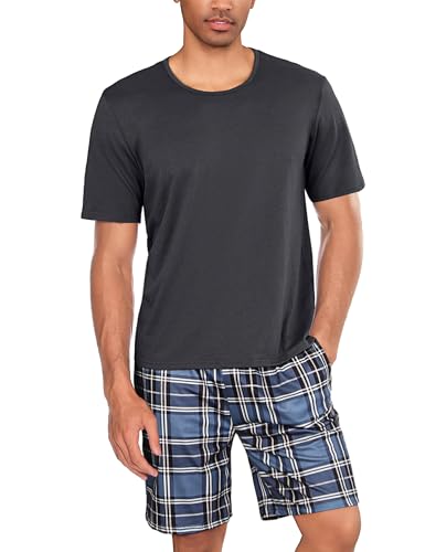 Uniexcosm Schlafanzug Herren Baumwolle Kurz Zweiteiliger Pyjama Set Nachtwäsche Kurzarm Oberteil und Karierte Schlafanzughose Hausanzug Sleepwear A:Dunkelgrau-2 L von Uniexcosm