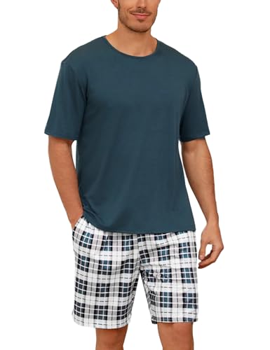 Uniexcosm Schlafanzug Herren Baumwolle Kurz Zweiteiliger Pyjama Set Nachtwäsche Kurzarm Oberteil und Karierte Schlafanzughose Hausanzug Sleepwear A:Grün L von Uniexcosm