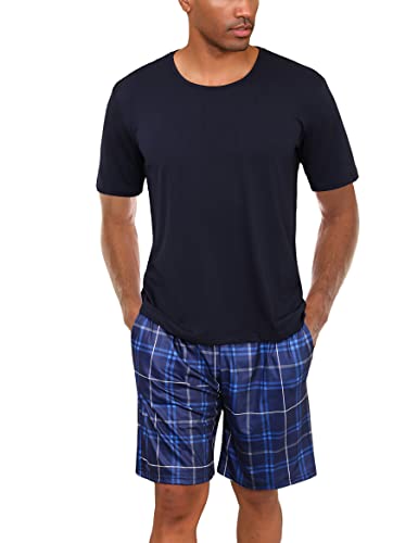 Uniexcosm Schlafanzug Herren Baumwolle Kurz Zweiteiliger Pyjama Set Nachtwäsche Kurzarm Oberteil und Karierte Schlafanzughose Hausanzug Sleepwear A:Marineblau L von Uniexcosm