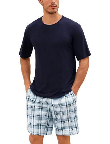 Uniexcosm Schlafanzug Herren Baumwolle Kurz Zweiteiliger Pyjama Set Nachtwäsche Kurzarm Oberteil und Karierte Schlafanzughose Hausanzug Sleepwear A:PAT M von Uniexcosm