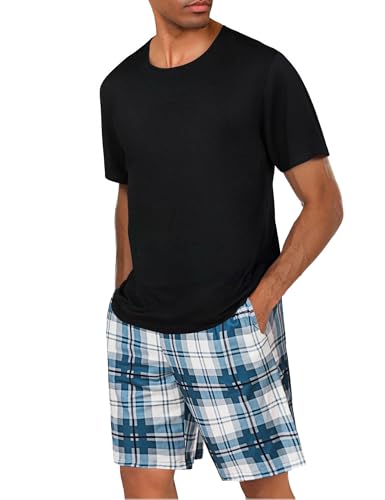 Uniexcosm Schlafanzug Herren Baumwolle Kurz Zweiteiliger Pyjama Set Nachtwäsche Kurzarm Oberteil und Karierte Schlafanzughose Hausanzug Sleepwear A:PAT3 XXL von Uniexcosm