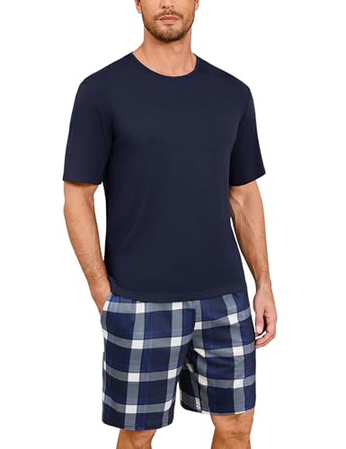 Uniexcosm Schlafanzug Herren Baumwolle Kurz Zweiteiliger Pyjama Set Nachtwäsche Kurzarm Oberteil und Karierte Schlafanzughose Hausanzug Sleepwear A:PAT6 XXL von Uniexcosm