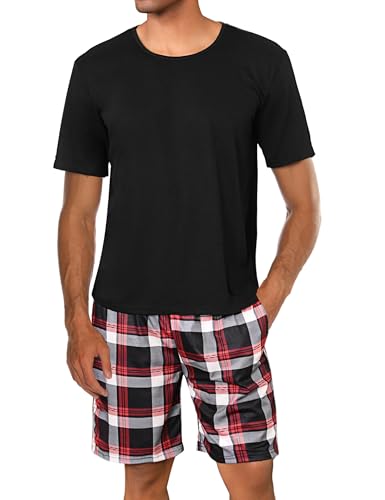 Uniexcosm Schlafanzug Herren Baumwolle Kurz Zweiteiliger Pyjama Set Nachtwäsche Kurzarm Oberteil und Karierte Schlafanzughose Hausanzug Sleepwear A:Schwarz L von Uniexcosm