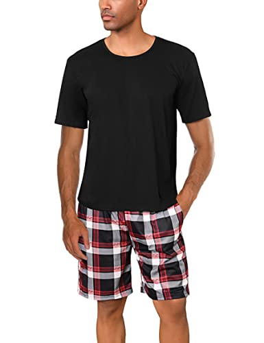 Uniexcosm Schlafanzug Herren Baumwolle Kurz Zweiteiliger Pyjama Set Nachtwäsche Kurzarm Oberteil und Karierte Schlafanzughose Hausanzug Sleepwear A:Schwarz XL von Uniexcosm