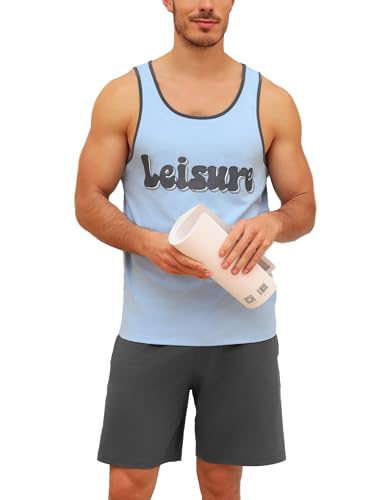 Uniexcosm Schlafanzug Herren Kurz Ärmellos Pyjama Set Zweiteiliger Baumwolle Nachtwäsche Buchstabendruck Oberteil und Kurze Hosen Sleepwear für Sommer A:Hellblau + Dunkelgrau L von Uniexcosm