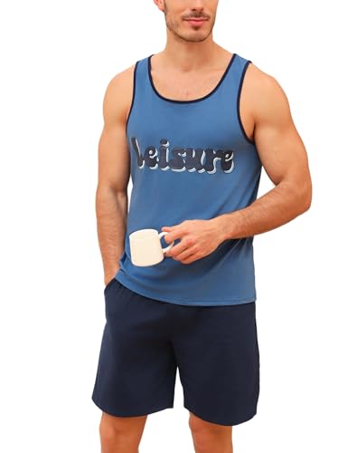 Uniexcosm Schlafanzug Herren Kurz Ärmellos Pyjama Set Zweiteiliger Baumwolle Nachtwäsche Buchstabendruck Oberteil und Kurze Hosen Sleepwear für Sommer A:Königsblau + Dunkelblau M von Uniexcosm