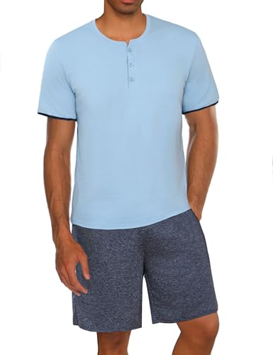 Uniexcosm Schlafanzug Herren Kurz Pyjama Set Baumwolle Kurzarm Nachtwäsche und Schlafshorts Zweiteiliger Sommer-Pyjama für Männer Hellblau 3XL von Uniexcosm