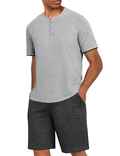 Uniexcosm Schlafanzug Herren Kurz Pyjama Set Baumwolle Kurzarm Nachtwäsche und Schlafshorts Zweiteiliger Sommer-Pyjama für Männer Hellgrau XXL von Uniexcosm