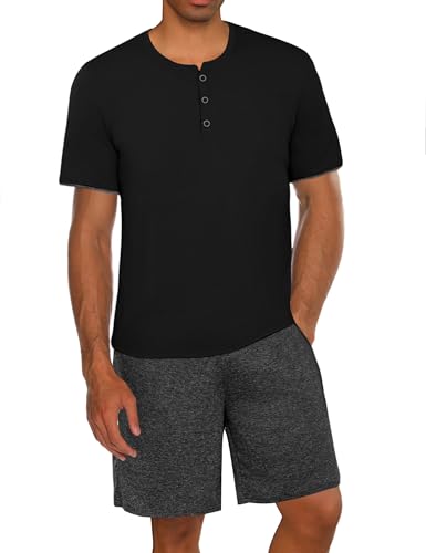 Uniexcosm Schlafanzug Herren Kurz Pyjama Set Baumwolle Kurzarm Nachtwäsche und Schlafshorts Zweiteiliger Sommer-Pyjama für Männer Schwarz M von Uniexcosm