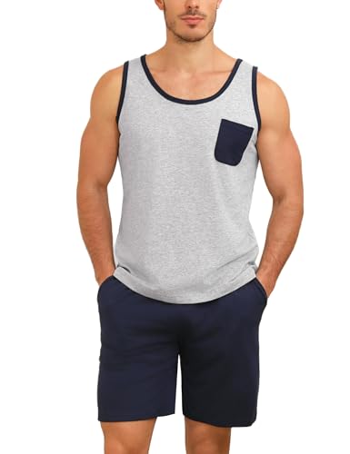 Uniexcosm Schlafanzug Herren Kurz Pyjama Set Baumwolle Zweiteiliger Ärmellos Nachtwäsche Oberteil und Schlafanzughose Hausanzug Sleepwear Loungewear für Sommer B:Blume graublau L von Uniexcosm