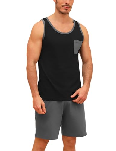 Uniexcosm Schlafanzug Herren Kurz Pyjama Set Baumwolle Zweiteiliger Ärmellos Nachtwäsche Oberteil und Schlafanzughose Hausanzug Sleepwear Loungewear für Sommer B:Dunkelgrau M von Uniexcosm