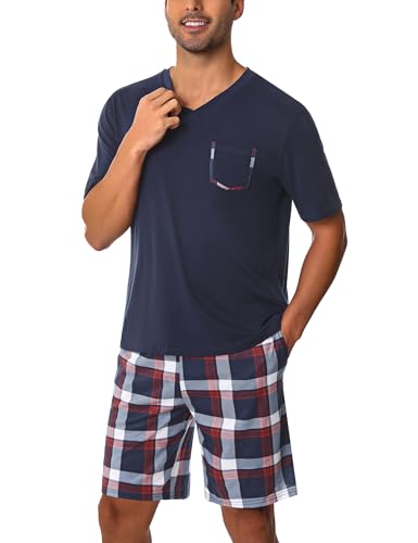 Uniexcosm Schlafanzug Herren Kurz Pyjama Set Baumwolle Zweiteiliger Kurzarm Nachtwäsche Oberteil und Karierte Kurze Hosen Sleepwear für Sommer Dunkelblau L von Uniexcosm