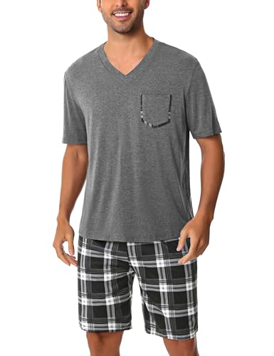 Uniexcosm Schlafanzug Herren Kurz Pyjama Set Baumwolle Zweiteiliger Kurzarm Nachtwäsche Oberteil und Karierte Kurze Hosen Sleepwear für Sommer Dunkelgrau-1 L von Uniexcosm